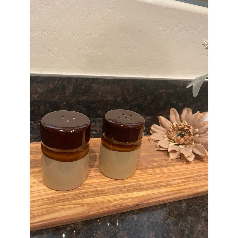 Vintage Clay Stoneware Salt & Pepper Shakers 4" x 2" Brown Tan Layered Round